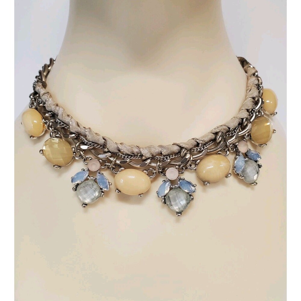 LOFT Silver tone Chain Cabochon cream blue Gemstone Chunky Necklace
